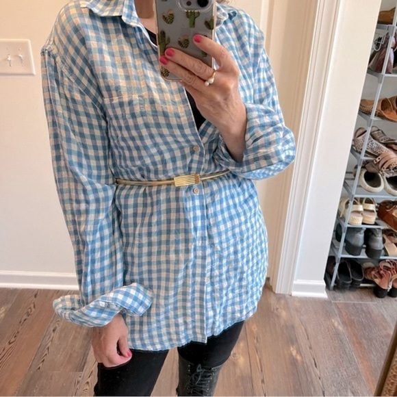 pure linen Jos a bank blue check plaid 100%  button up shirt oversized boyfriend - Picture 1 of 12